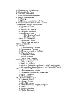 4. Measurement and Adjustment 
5. Field and Office Work 
6. Surveying Instruments 
7. Basic Surveying Measurements 
8. Distan