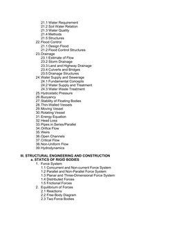 21.1 Water Requirement 
21.2 Soil Water Relation 
21.3 Water Quality 
21.4 Methods 
21.5 Structures 
22. Flood Control 
21.1