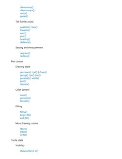 clearstamp()
clearstamps()
undo()
speed()
Tell Turtle’s state
position() | pos()
towards()
xcor()
ycor()
heading()
distance()