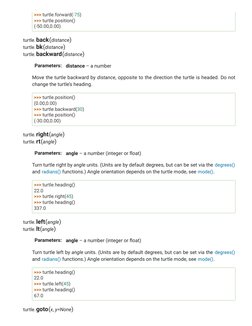 >>> turtle.forward(-75)
>>> turtle.position()
(-50.00,0.00)
turtle.back(distance)
turtle.bk(distance)
turtle.backward(distanc