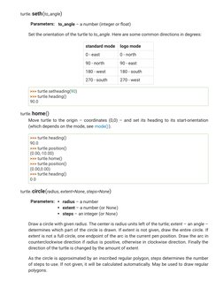 turtle.seth(to_angle)
Parameters:
to_angle – a number (integer or float)
Set the orientation of the turtle to to_angle. Here