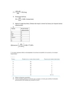 C= 420∗60
500
=50,4 seg
4.
Estaciones teóricas
Nt= 195
50,4 =3,86=4estaciones
5.
Aplicar la regla heurística. Ordenar de mayo