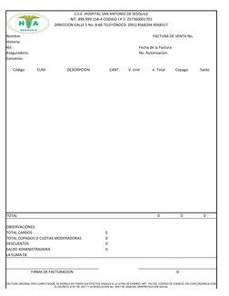 E.S.E. HOSPITAL SAN ANTONIO DE SESQUILE
NIT. 899.999.158-4 CODIGO I.P.S. 257360001701
DIRECCION CALLE 5 No. 8-66 TELEFONOCO