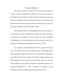 Theoretical Background
This study is anchored on Linda Flower’s Social Cognitive Theory of
writing. This theory emphasizes th
