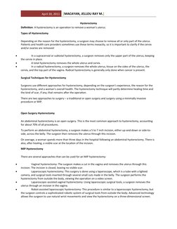 April 20, 2011
[MACAYAN, JELLOU RAY M.]
Hysterectomy
Definition: A hysterectomy is an operation to remove a woman's uterus.
T