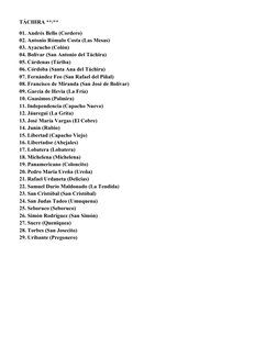 TÁCHIRA **/**
01. Andrés Bello (Cordero)  
02. Antonio Rómulo Costa (Las Mesas)  
03. Ayacucho (Colón)  
04. Bolívar (San Ant