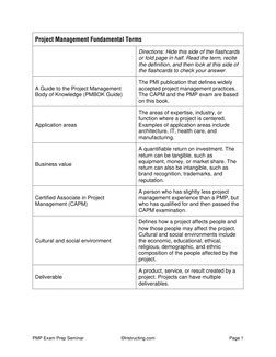 PMP Exam Prep Seminar 
©Instructing.com 
Page 1 
Project Management Fundamental Terms 
 
Directions: Hide this side of the fl