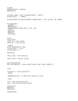 TrimEnd
Replace(search, replace)
Remove(0,2)
string[] names = new string[3]{"peter", "paul"}
String.Join(', ', names);
String
