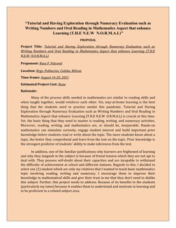 “Tutorial and Having Exploration through Numeracy Evaluation such as
Writing Numbers and Oral Reading in Mathematics Aspect t