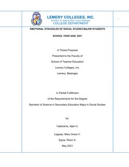LEMERY COLLEGES, INC.
Bonifacio St., Bagong Sikat, Lemery Batangas
COLLEGE DEPARTMENT
EMOTIONAL STRUGGLES OF SOCIAL STUDIES M