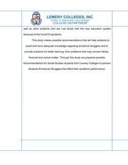 LEMERY COLLEGES, INC.
Bonifacio St., Bagong Sikat, Lemery Batangas
COLLEGE DEPARTMENT
well as other students who are now face