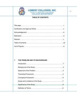 LEMERY COLLEGES, INC.
Bonifacio St., Bagong Sikat, Lemery Batangas
COLLEGE DEPARTMENT
TABLE OF CONTENTS
Title page….………………………