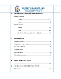 LEMERY COLLEGES, INC.
Bonifacio St., Bagong Sikat, Lemery Batangas
COLLEGE DEPARTMENT
2
REVIEW OF RELATED LITERATURE AND STUD