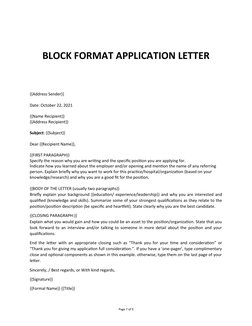 BLOCK FORMAT APPLICATION LETTER 
{{Address Sender}}
Date: October 22, 2021
{{Name Recipient}}
{{Address Recipient}}
Subject: