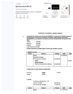 Ejercicios de la NIC 28
Uploaded by Roxi Vera
Ejercicios de aplicacion sobre la Nic 28.... Contabilidad
Superior I Full descr