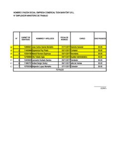 NOMBRE O RAZON SOCIAL: EMPRESA COMERCIAL "DON BARATÓN" S.R.L.
N° EMPLEADOR MINISTERIO DE TRABAJO
PLAN
CORRESPON
N°
NOMBRES Y