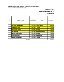 NOMBRE O RAZON SOCIAL:  EMPRESA COMERCIAL "DON BARATÓN" S.R.L.
N° EMPLEADOR MINISTERIO DE TRABAJO
PLANILLA DE CARGAS SOCIALE