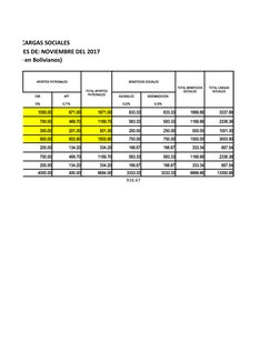 ILLA DE CARGAS SOCIALES
NTE AL MES DE: NOVIEMBRE DEL 2017
xpresado en Bolivianos)
APORTES PATRONALES
BENEFICIOS SOCIALES
CNS