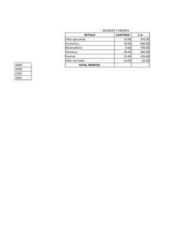 MUEBLES Y ENSERES
PRESA
DETALLE
CANTIDAD
C.U
Sillas ejecutivas
10.00
450.00
Escritorios 
10.00
600.00
Mostradores
8.00
700.00