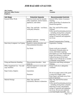 JOB HAZARD ANALYSIS
JHA Number
Date
Job/Task: Office Worker
Location
Employee
Job Steps
Potential Hazards
Recommended Control