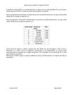 Departamento Acadêmico / Syllabus EDU 670 
              
Revisado, 2020 
 
 Página 6 de 6 
 
A média de notas (GPA) é o conc