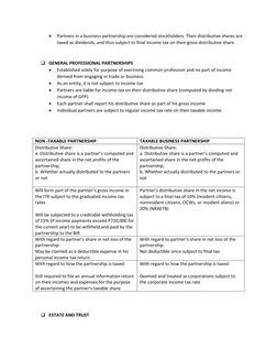 • 
Partners in a business partnership are considered stockholders. Their distributive shares are 
taxed as di