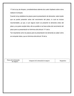 17 de la Ley de Amparo, considerándose además las cuatro hipótesis sobre cómo
realizar el cómputo.
Cuando la ley establece lo