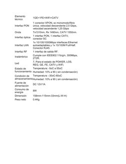 Elemento 
técnico 
1GE+1FE+WiFi+CATV 
Interfaz PON 
1 conector XPON, sc monomodo/fibra 
única, velocidad descendente 2,5 Gbps