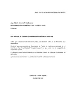 Santa Cruz de la Sierra 21 de Septiembre de 2021
Abg. Adolfo Ernesto Freire Bustos
Director Departamental Sereci Santa Cruz d
