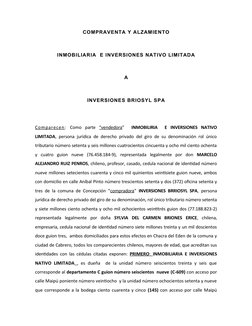 COMPRAVENTA Y ALZAMIENTO
INMOBILIARIA  E INVERSIONES NATIVO LIMITADA
A
INVERSIONES BRIOSYL SPA
Comparecen : Como  parte  “ven
