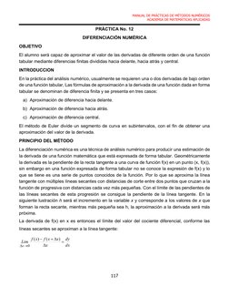MANUAL DE PRÁCTICAS DE MÉTODOS NUMÉRICOS 
ACADEMIA DE MATEMÁTICAS APLICADAS 
117 
 
PRÁCTICA No. 12 
DIFERENCIACIÓN NUMÉRICA