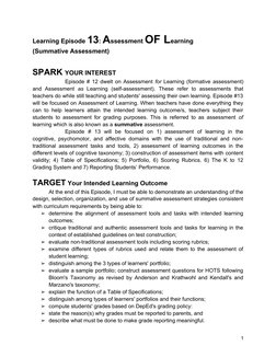 Learning Episode 13: Assessment OF Learning 
(Summative Assessment)
SPARK YOUR INTEREST
Episode # 12 dwelt on Assessment for