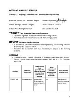 OBSERVE, ANALYZE, REFLECT
Activity 13.1 Aligning Assessment Task with the Learning Outcome
Resource Teacher: Mrs. Jhenine L.