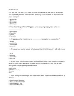 D. z= c / (x – y)
8. A tank that can hold 1, 000 liters of water can be filled by one pipe in 24 minutes 
and emptied by anot