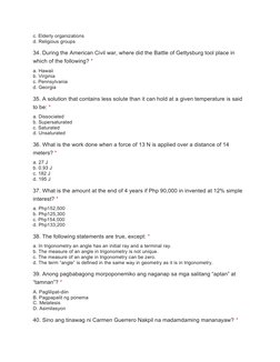 c. Elderly organizations
d. Religious groups
34. During the American Civil war, where did the Battle of Gettysburg tool place