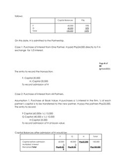follows:
Capital Balances
P&L
F
G
Total
60,000
40,000
100,000
70%
30%
100%
On this date, H is admitted to the Partnership.
Ca