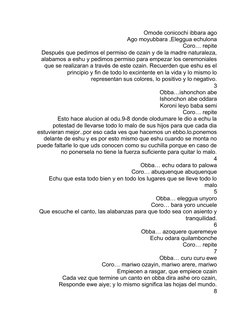 Omode conicochi ibbara ago
Ago moyubbara ,Eleggua echulona
Coro… repite
Después que pedimos el permiso de ozain y de la madre