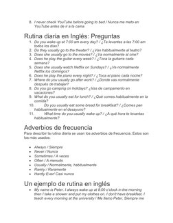 8. I never check YouTube before going to bed / Nunca me meto en 
YouTube antes de ir a la cama
Rutina diaria en Inglés: Pregu