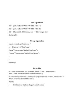 Join Operation
df1 = spark.read.csv("PATH OF THE FILE 1")
df2 = spark.read.csv("PATH OF THE FILE 2")
df3 = df1.join(df1, df1.