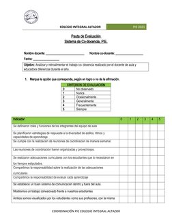 Pauta de Evaluación Co-docencia PIE | PDF | Evaluación | Salón de clases