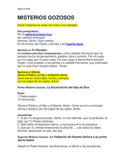 Página 1 de 8 
 
MISTERIOS GOZOSOS 
Estos misterios se rezan los lunes y los sábados. 
Nos persignamos: 
Por la señal de la S
