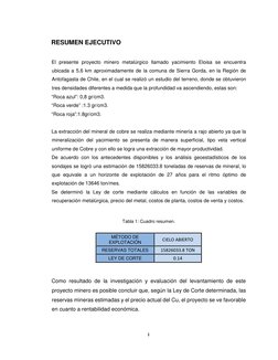 i 
  
 
  
RESUMEN EJECUTIVO 
  
El presente proyecto minero metalúrgico llamado yacimiento Eloisa se encuentra 
ubicada a