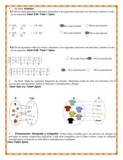 X
Y

4ta Parte. Analizar.
4.1.De los siguientes pares ordenados, determina si las siguientes relaciones son funciones, relle