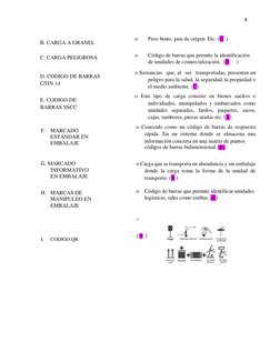 8 
 
 
B. CARGA A GRANEL 
o 
Peso bruto, país de origen. Etc. (G ) 
 
C. CARGA PELIGROSA 
o 
Código de barras que permite la