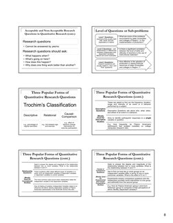 8 
Acceptable and Non-Acceptable Research 
Questions in Quantitative Research (cont.) 
Research questions 
• Cannot be answer