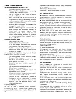 ARTS APPRECIATION
THE MEANING AND IMPORTANCE OF ART
-
Art has been defined in various ways.
-
Art is derived from the Latin w