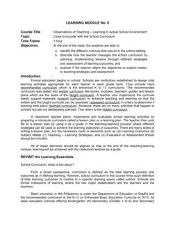 LEARNING MODULE No. 8
Course Title
: Observations of Teaching – Learning In Actual School Environment
Topic
: Close Encounter