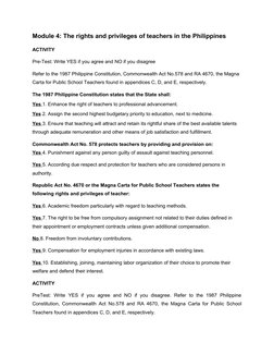 Module 4: The rights and privileges of teachers in the Philippines
ACTIVITY
Pre-Test: Write YES if you agree and NO if you di