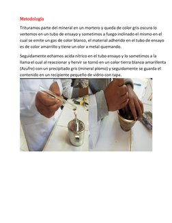 Metodología 
Trituramos parte del mineral en un mortero y queda de color gris oscuro lo 
vertemos en un tubo de ensayo y some