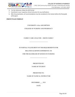 Page 4 of 4 
COLLEGE OF NURSING & PHARMACY 
C-RLE 104 Community Health Nursing 1 (Individual & Family) 
First